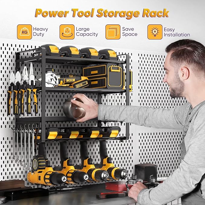 Power Tool Organizer Wall Mount, Heavy Duty Drill Holder, Garage Tool Organizer and Storage, Suitable Tool Rack for Tool Room, Workshop, Garage, Utility Storage Rack for Cordless Drill