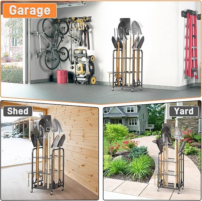 TORACK Garden Tool Organizer Stand with Wheels, Rakes Shovels Yard Tools Stand for Garage, Shed, Garden, Indoor/Outdoor Long-Handled Tools Cart