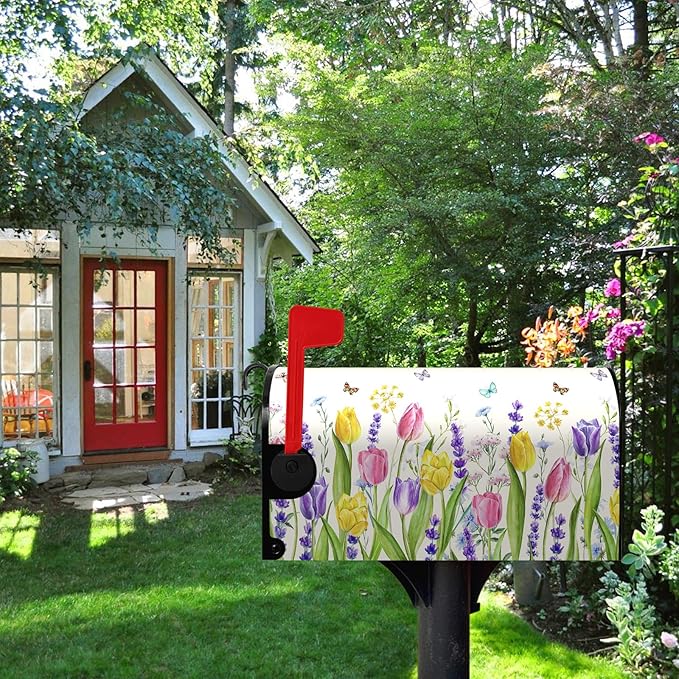 Spring Tulip Floral Mailbox Covers Magnetic Large Size 25.5 X 21 Inch Summer Spring Flower Butterfly Mailbox Cover Oversized Post Box Cover Wraps for Home Yard Decorations