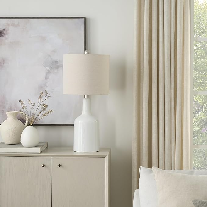 Nourison Home 22" Glossy White Ceramic Table Lamp for Modern, Transitional, Bedside Table, Living Room, Dining, Entryway