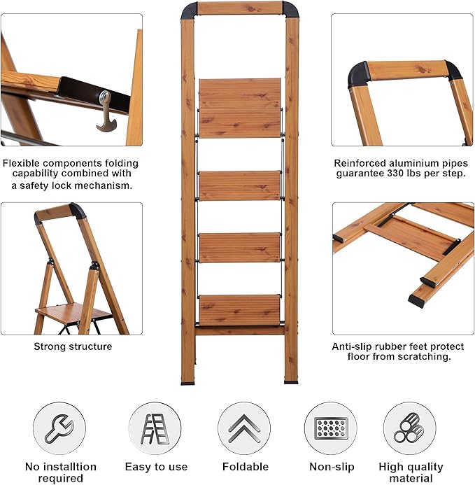 Step Ladders 4-Step Woodgrain Finish Aluminum Folding Step Stool Wide Pedal,Anti-Slip Portable Sturdy for Home & Kitchen Office 330 lbs