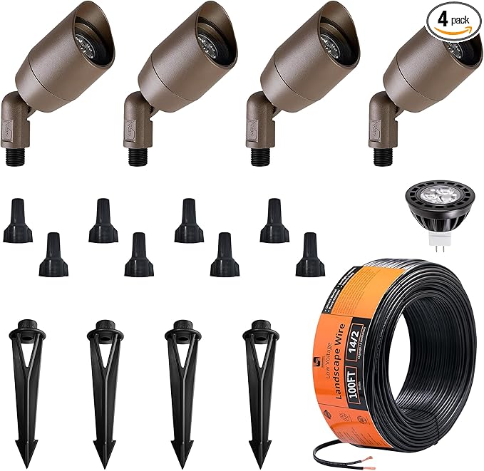 VISTA 4 Pack Cast Aluminum Landscape Spotlights, Low Voltage Landscape Lighting, 100FT 14/2 Landscape Wire, Spot Lights Outdoor with 4.5W MR16 LED Bulb for Yard, Garden, Lawn, Tree (Bronze)