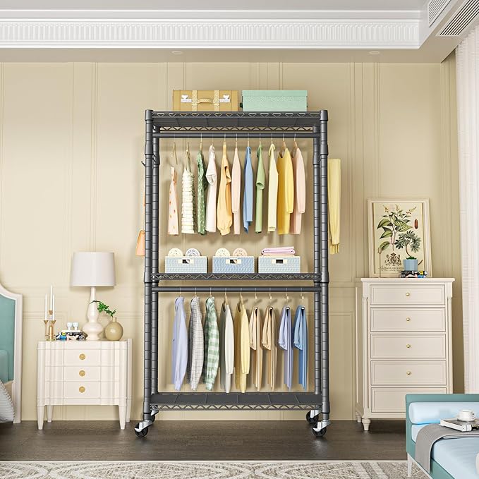 FUTASSI P1 Heavy Duty Garment Rack, 3 Tiers Adjustable Rolling Metal Closet Organizer with Lockable Wheels, FreeStanding Wardrobe with Double Hanger Rods & 1 Pair Hooks, Max Load 450 LBS, Gray