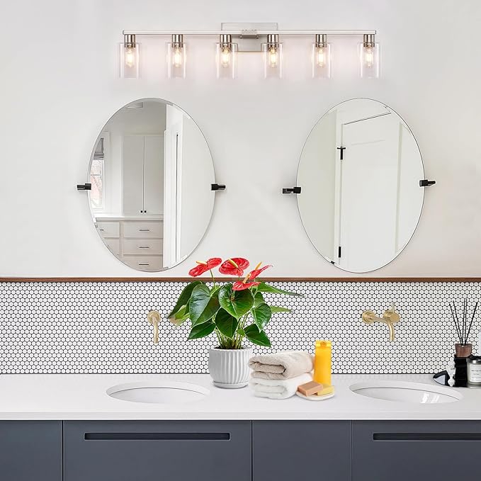 6-Light Bathroom Light Fixtures, Vanity with Clear Glass, Brushed Nickel Lighting Fixtures Over Mirror, 42inch Large Lights for Bathroom