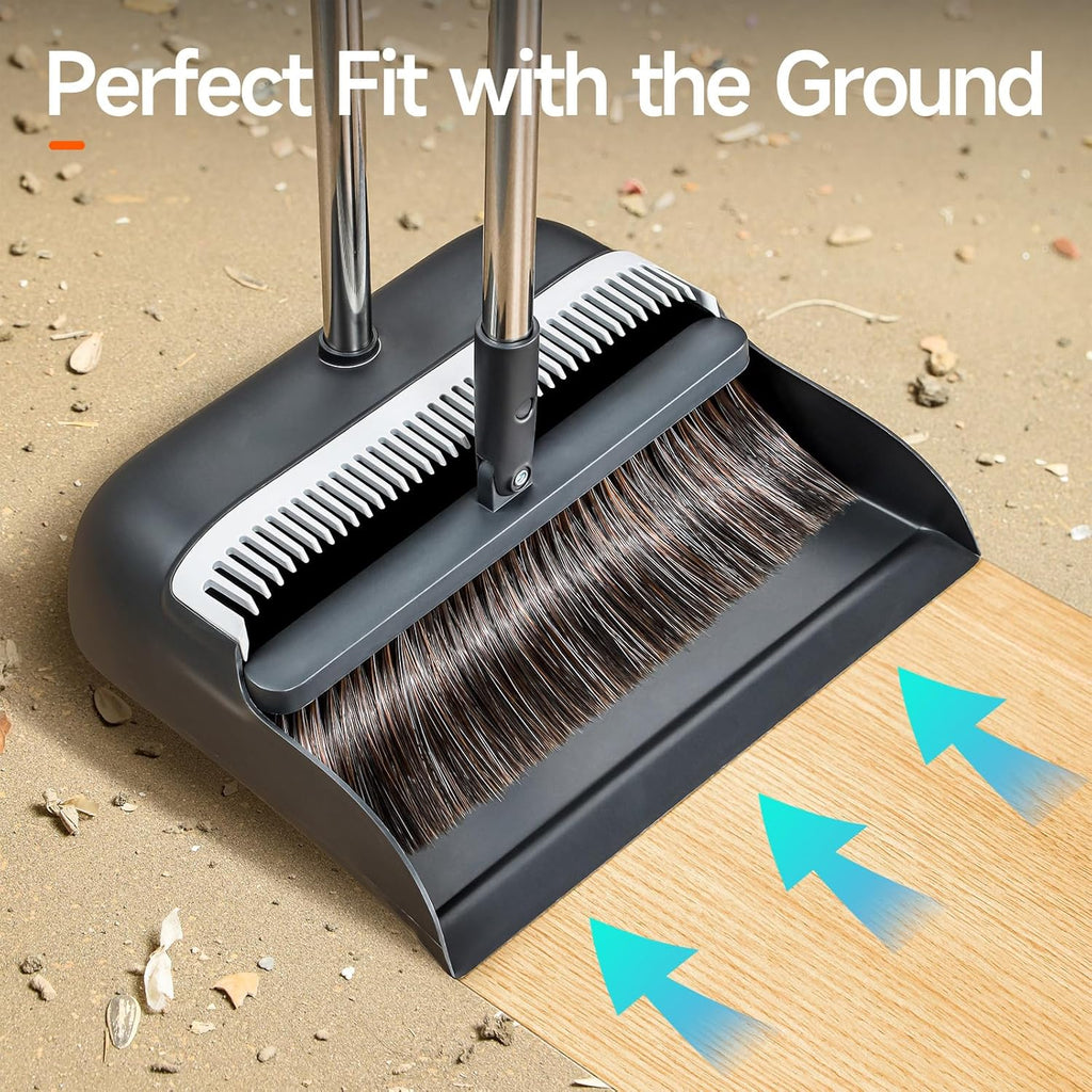 Broom and Dustpan Set for Home, Extra Brush Head & 51.6" Adjustable Long Handle, with Comb Teeth for Pet Hair, Lightweight Indoor Sweeping Kit for Hardwood Floor