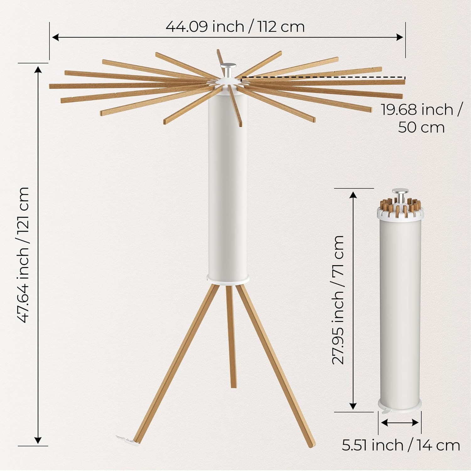 Tripod Clothes Drying Rack, Garment Rack Portable and Foldable Space Saving Laundry Drying Rack - Dryer Rack Clothing Floor Folding Balcony Bedroom Household (Beige(Wood), 16 rods)