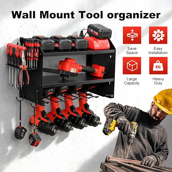3 layers power tool organizer Loads 150lbs with 4 Cordless Drill Holder and 8 Outlet Power Strip,it’s good choice for husband birthday gift,black
