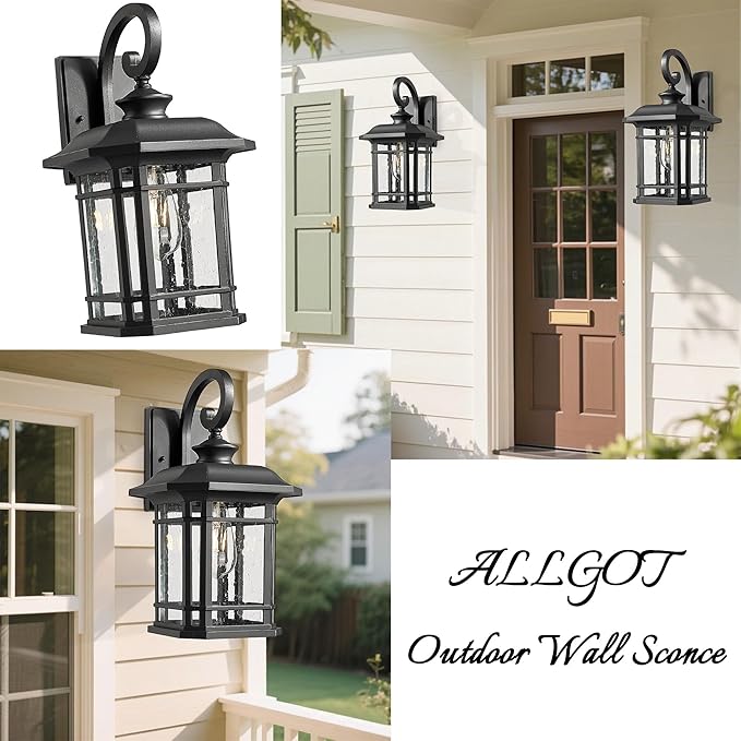 Exterior Wall Sconce, Outdoor Waterproof Wall Mount Light Fixture, E26 Socket Anti-Rust Matte Black Finish Outdoor Lighting Fixture,Outside Lantern Lamp with Seeded Glass (Black, 15.96 Inch Height)