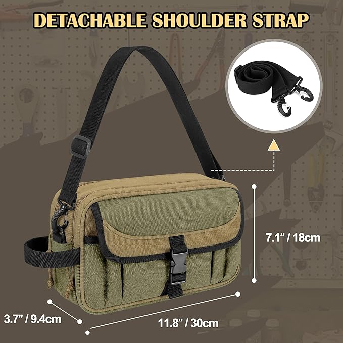Small Canvas Tool Pouch with Zipper, 12 Inch Tool Organizer Bag, Double Layer Utility Storage Bag with Shoulder Strap for Electrician, Khaki/Green (Empty Bag)