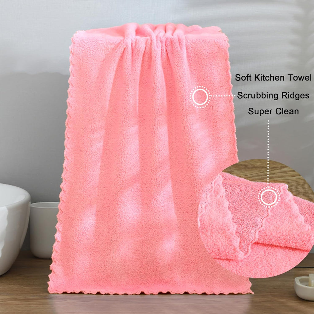 kimteny Kitchen Cloth Dish Towels, 13x28 Inches Premium Dishcloths, Super Absorbent Coral Velvet Microfiber Cleaning Cloths, Fast Drying Rags for Washing Dishes (13x28-12 Pack, Pink)