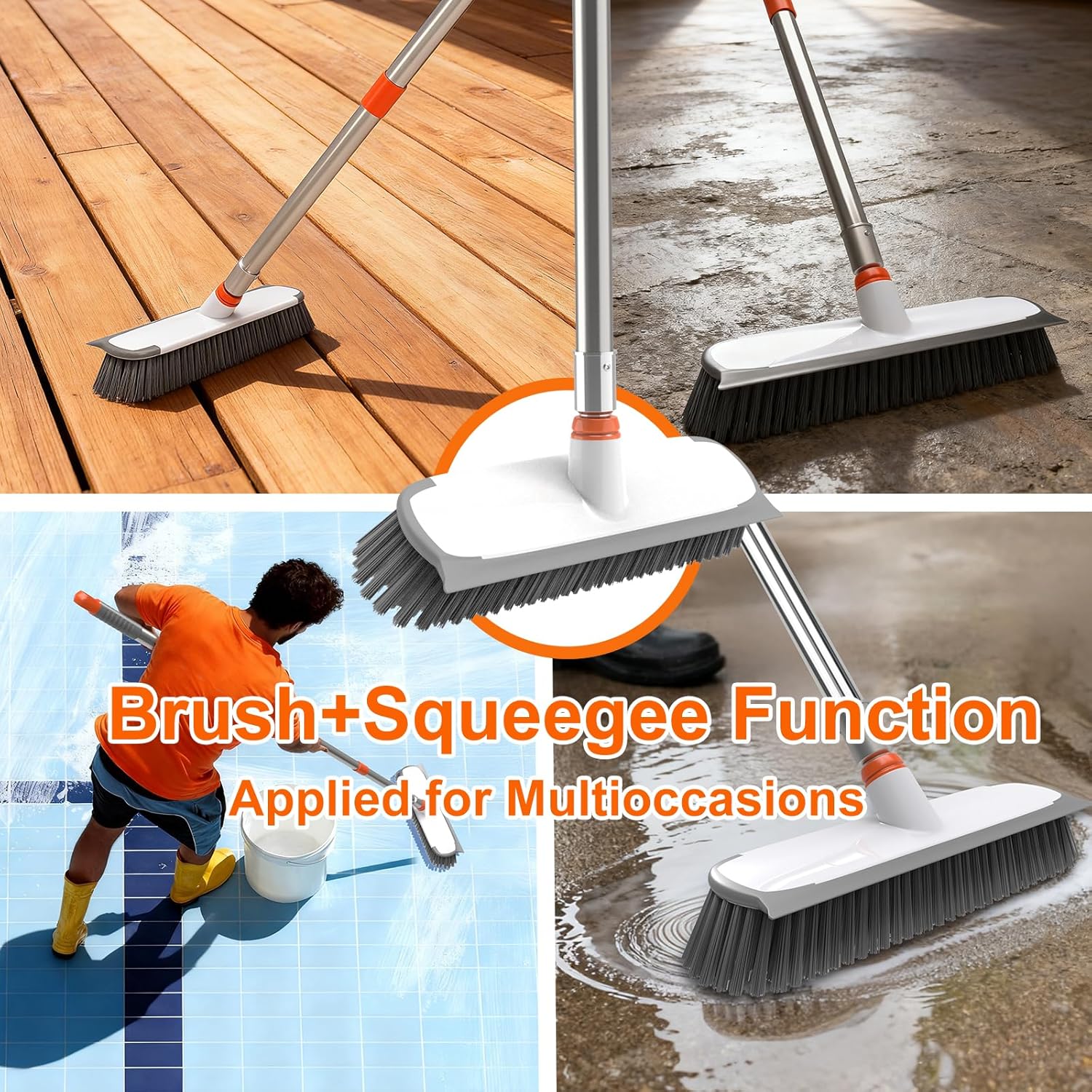 Floor Scrub Brush with Long Handle, Stiff Bristles Deck Brush, BITOPE Multi-Purpose Heavy Duty Hardwood Floor Scrubber, Cleaning Concrete Balcony Patio Garage Outdoor/Indoor