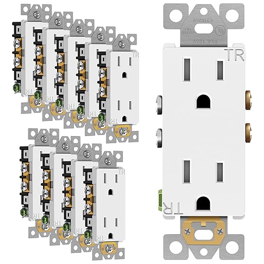 ENERLITES Decorator Wall Receptacle Outlet, Tamper-Resistant Standard Electrical Wall Outlet, Residential Grade, 3-Wire, Self-Grounding, 2-Pole, 15A 125V, UL Listed, 61501-TR-W-10PCS, White (10 Pack)