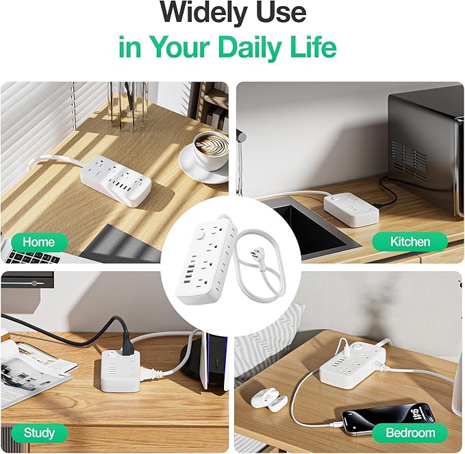 Surge Protector Power Strip - 8 AC Outlets & 6 USB Ports (4A/2C), 1080J Extension Cord with Multiple Outlets, 2-Sided Outlet Extender, 5FT Extension Cord, Wall Mount for Travel, Dorm Room