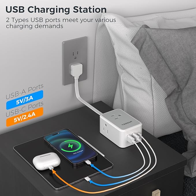 Short Power Strip 9 inch, TESSAN Flat Plug Small Extension Cord with 3 Outlet Extender 3 USB (1 USB-C) Ports, Desk Power Strip for Cruise Travel Office School Dorm Room Essentials