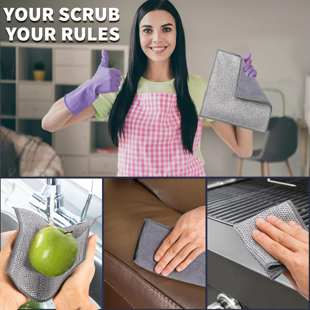 2 in 1 Stainless Steel Scrubber & Microfiber Cleaning Cloth, 5 Pack Towel & Steel Scrub Cloth for Pans, Dishes, Countertops, Reusable Non-Scratch Cleaning Pad for Kitchen Sink