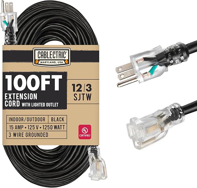 Heavy Duty Extension Cord 100 Ft, 12 Gauge Long Outdoor Extension Cord with 3 Prongs, SJTW Weatherproof Black 12/3, 15 AMP, Great for Major Appliances - Lighted Ends