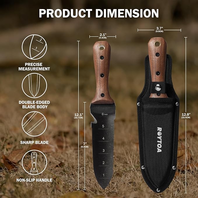 Hori Hori Garden Knife, Garden Tools with Sheath for Weeding,Planting,Digging, 7" Stainless Steel Blade with Cutting Edge, Full-Tang Walnut Wood Handle with Hanging Hole