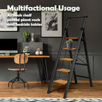 Taranta 5 Step Ladder, Portable Folding Ladder with Wide Pedal, Lightweight Aluminum Step Stool with Convenient Handgrip, 330 lbs Capacity Stepladder for Home, Office - BlackWoodgrain