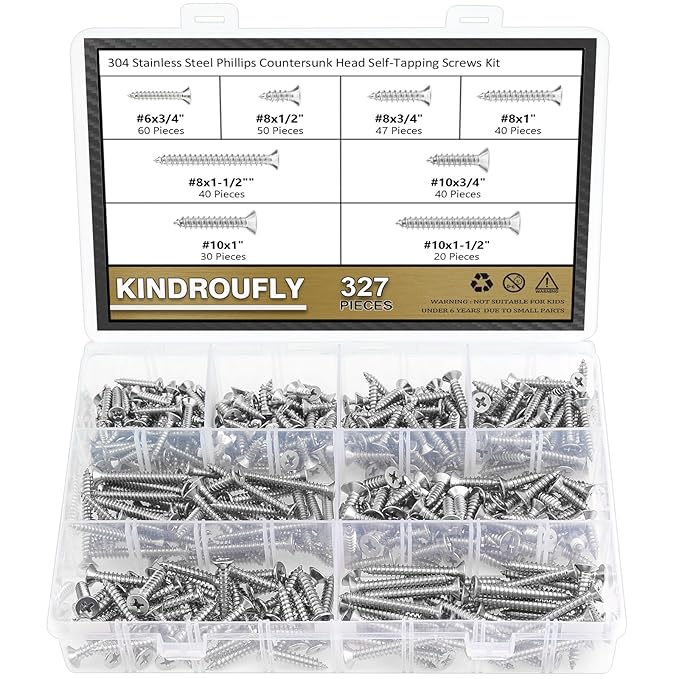 327 Pieces #6#8#10 Phillips Countersunk Head Self-Tapping Screws, Wood Screws Assortment Kit, 304 Stainless Steel