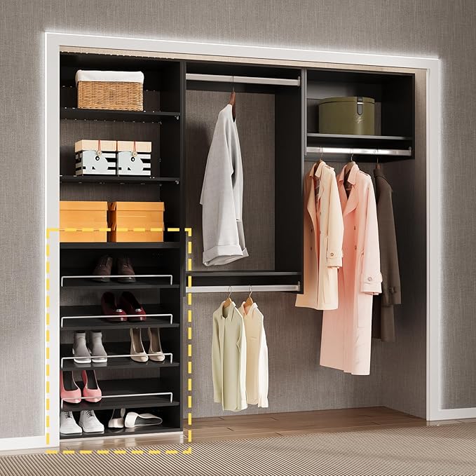 Shoe Shelf Short Tower Closet Unit, Modular Closet System, Wood Closet System Organizer with Storage for Walk In Closets, Clothing Rack for Hanging Clothes, Bedroom, Black, 25.5"W