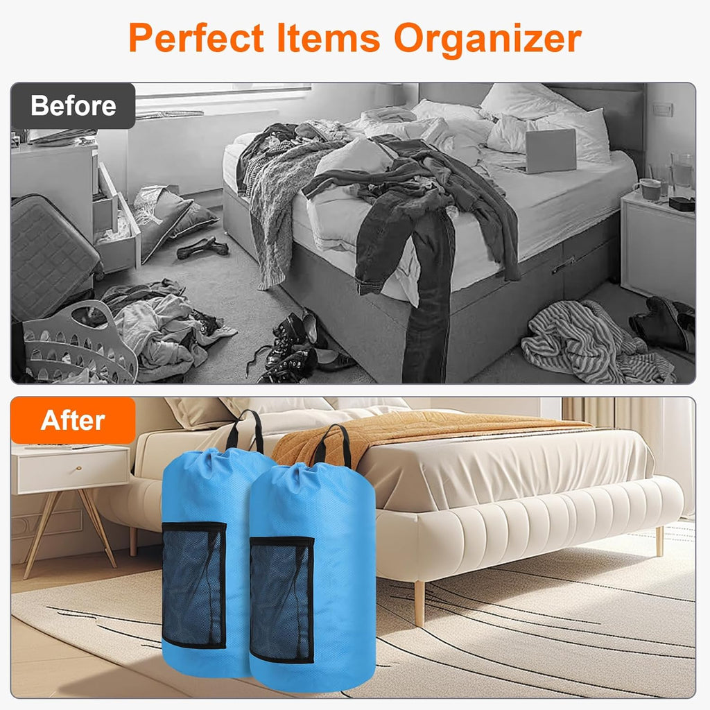 Femuar Laundry Bag Backpack Durable Laundry Bag with Shoulder Straps and Mesh Pockets Portable Laundry Dirty Clothes Hamper Bag for College Dorm (Blue)