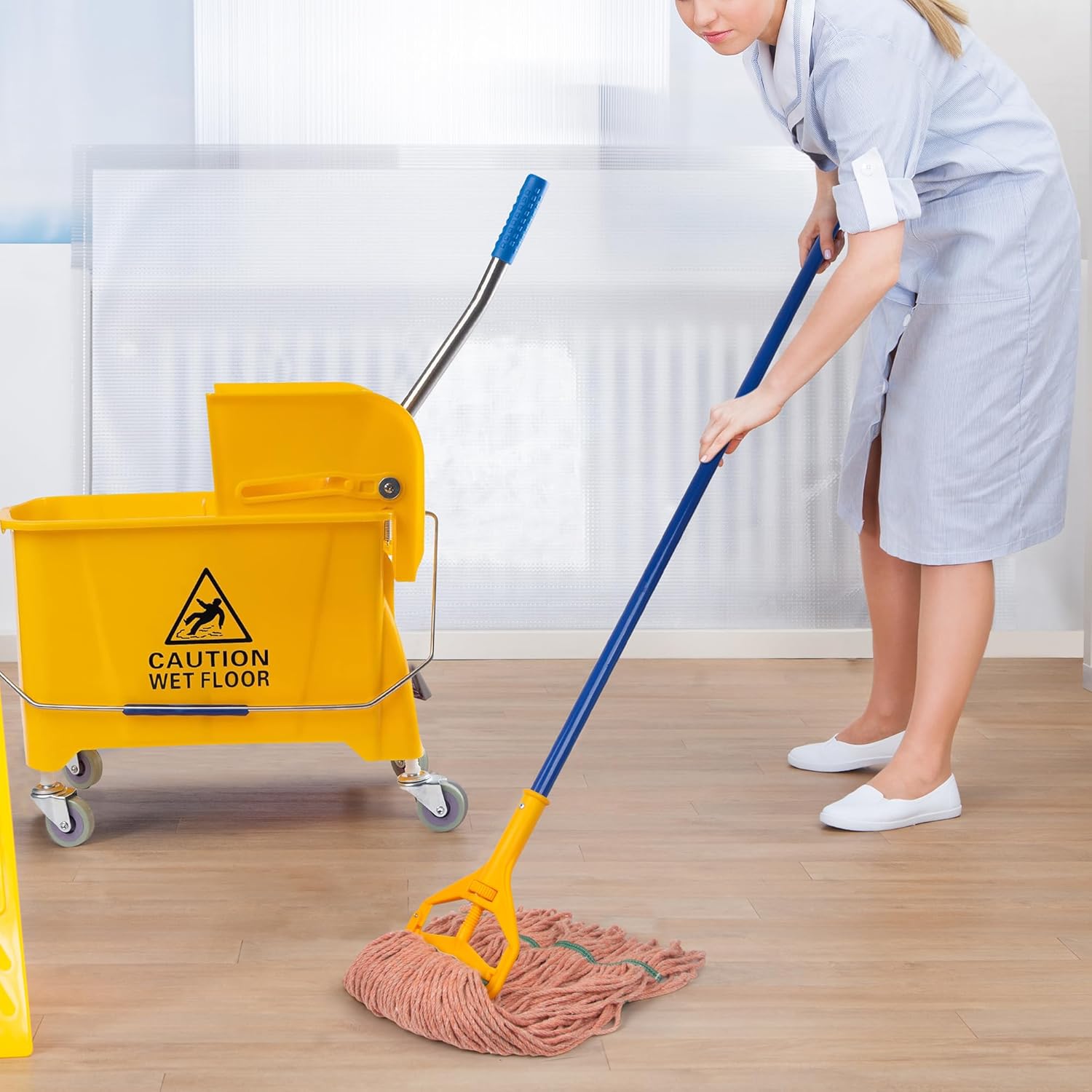 Matthew Cleaning Heavy Duty Mop Head Commercial Replacement for General and Floor Cleaning, Wet Industrial Blue Cotton Looped End String Head Refill (Case of 24) Orange