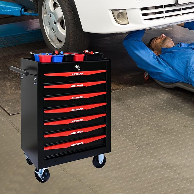7 Drawers Rolling Tool Box on Wheels, Multifunctional Tool Chest Cabinet with Lock, Drawers Rolling Tool Cart Trolley Organizer Tool Storage Case for Warehouse,Garage,Workshop (Black&Red)