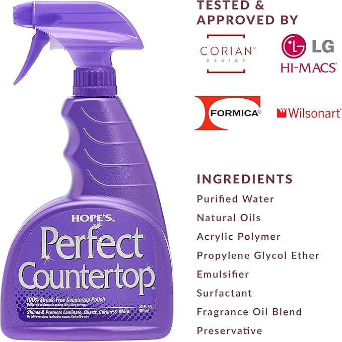 HOPE'S Perfect Countertop Cleaner and Polish 22-Ounce, Streak-Free Multi-Surface Cleaning Spray, Safe on Stone, Laminate, CORIAN, Granite, Quartz, Marble, Pack of 2