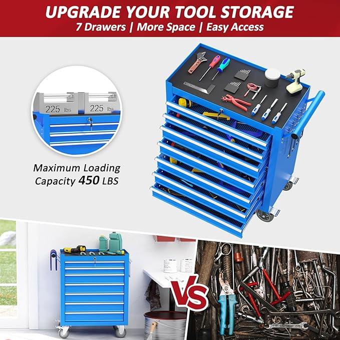 7 Drawers Rolling Tool Chest with Wheels, Portable Rolling Tool Boxes with Wheels, Tool Box Storage Cabinet with Locking System for Garage (Blue, 7 Drawers)