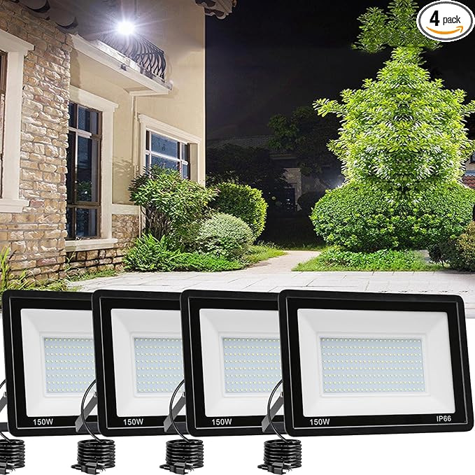 4 Pack 150W LED Flood Light Outdoor,15000LM Work Spotlight with US Plug,6500K Daylight White,IP66 Waterproof Exterior Security Floodlights for Yard,Garden,Backyard,Patio,Stadium,Parking Lot