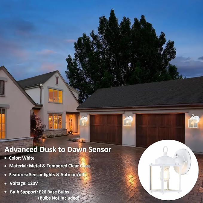 GRUENLICH Dusk to Dawn Outdoor Wall Lantern, Exterior Wall Sconce Light Fixture, Outside Porch Lighting with Clear Glass for House, Patio, White, 4 Pack
