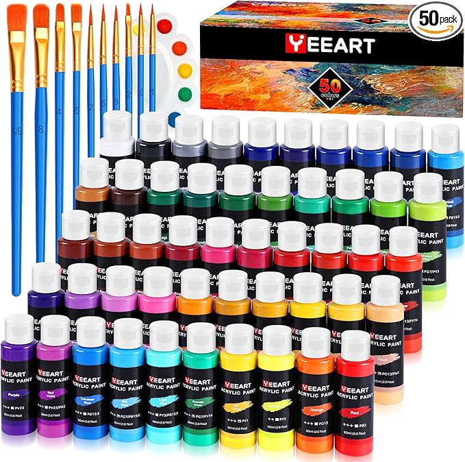 50 Color Acrylic Paint Set, 2oz Bottles, Rich Pigmented Canvas Paint with 10 Brushes &Palette, Professional Art Supplies Kit for Adults & Kids, Non-Toxic, Suitable for Canvas, Rocks, Wood