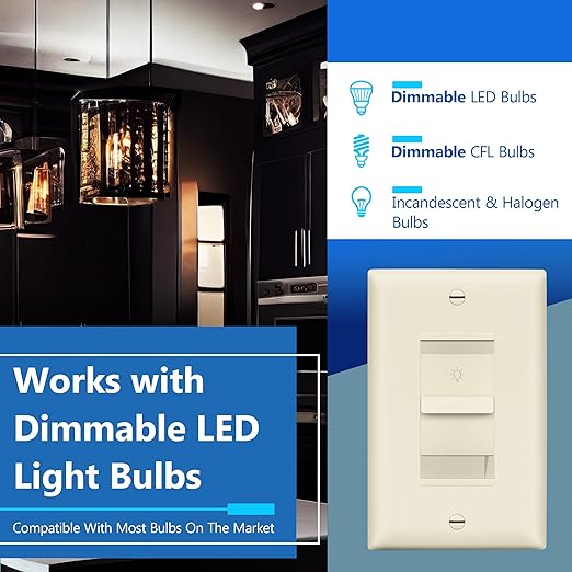 LIDER Dimmer Switch for Dimmable 200W LED/CFL Lights, Single Pole, 120 V, Modern Upgrade, UL Listed, Wall Plate Included, Light Almond, 2 Pack