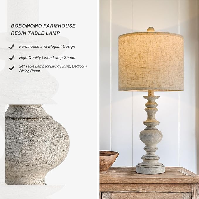 BOBOMOMO 24" Farmhouse Retro Table Lamp Set of 2, Traditional Resin Lamps for Living Room Bedroom, Vintage Bedroom Lamps with Linen Shades, Rustic Table Lamps for Living Room, Nursery, Office