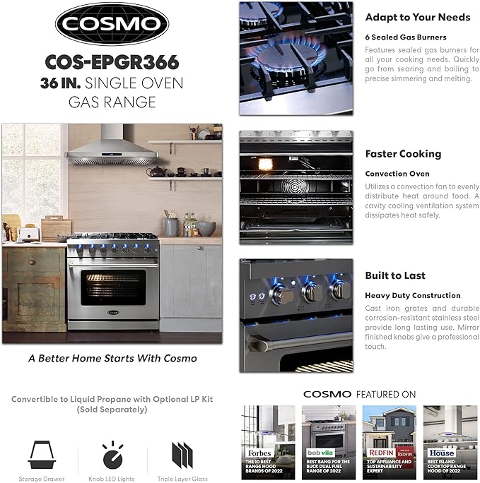 COSMO COS-EPGR366 36 in. Haven Collection 6.0 cu. ft. Gas Range, 6 Burners, Convection Oven, Knob LEDs, Storage Drawer, Stainless Steel