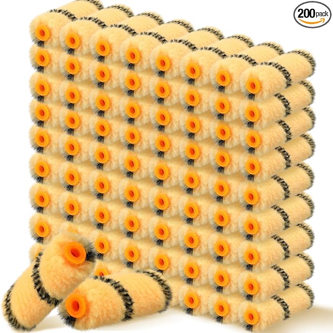 Leumoi 200 Pcs 4 Inch Mini Paint Roller Bulk Small Microfiber Roller Cover 1/2" Nap for Paint Brush for House Painting Supplies DIY Craft Home Wall Repair Tool Kit Set (Yellow Base, Black)