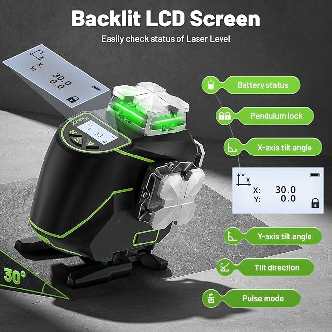 Huepar 16 Lines Self Leveling Laser Level 4x360° Cross Line Laser with Receiver -LCD Screen, 4D Bluetooth Green Beam Tiling Floor Laser Tool, 360° Horizontal/Vertical Laser Kit -Remote Control S04-5RG