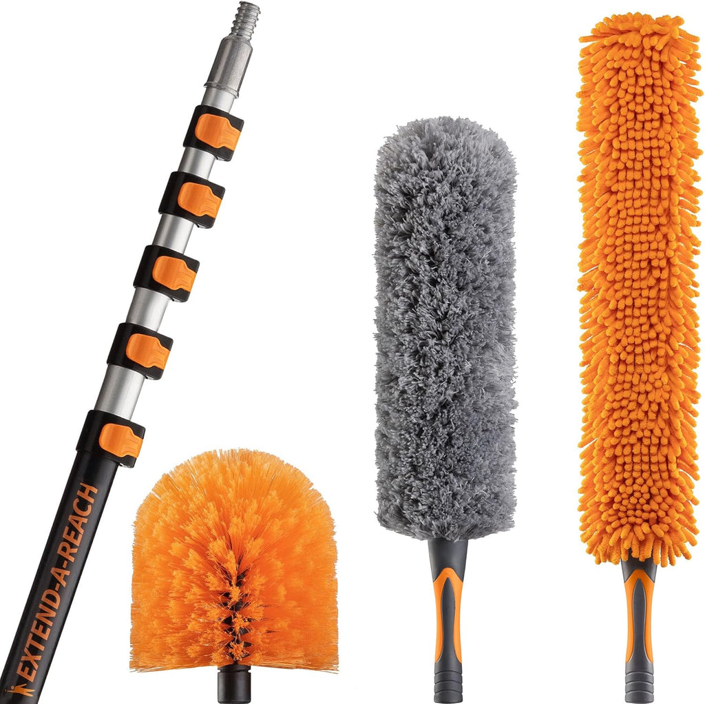 30 Foot High Reach Duster Kit with 5-24 ft Extension Pole // High Ceiling Duster Cleaning Kit with Telescopic Pole // Cobweb Duster // Feather Duster and Ceiling Fan Duster // The Ultimate Dusting Kit