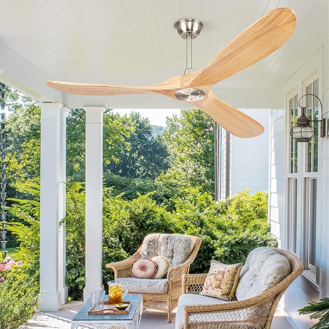 52" Ceiling Fans Without Lights, Solid Wood Ceiling Fan with Remote Control No Light, Modern Ceiling Fan with 3 Blades, Indoor Outdoor Ceiling Fans for Patios, Gazebo(Nature Wood)