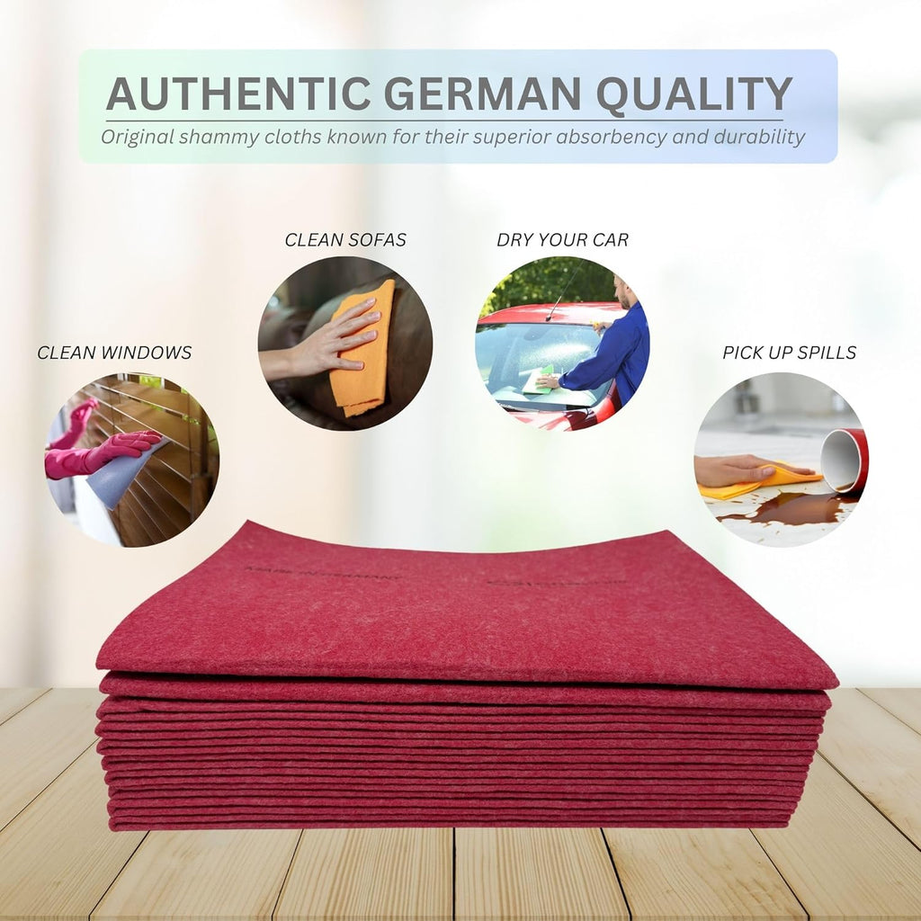 10 Pack Extra Large Original German Shammy Cloths Chamois Towels Super Absorbent for Pets, Parenting Tool Cleaning for Home and Commercial Use Wholesale Bulk (Red)