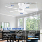 46" Flush Mount Ceiling Fan with Lights - White Modern Fan Light with Reversible Mute Motor, 3CCT Dimmable, Wind Speeds Adjustable, Low Profile Light Fixure for Indoor Use, Bedroom