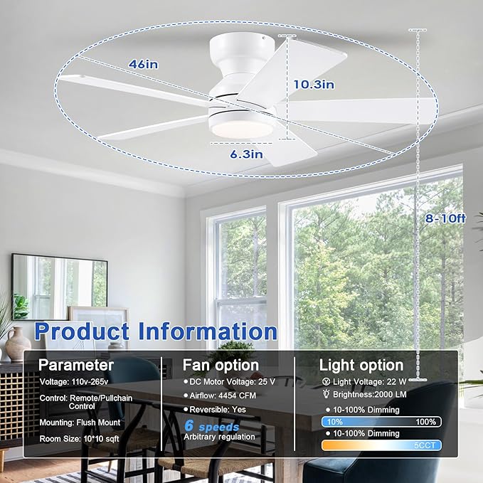46" Flush Mount Ceiling Fan with Lights - White Modern Fan Light with Reversible Mute Motor, 3CCT Dimmable, Wind Speeds Adjustable, Low Profile Light Fixure for Indoor Use, Bedroom