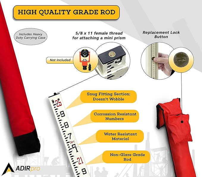 AdirPro 25-Foot Fiberglass Grade Rod – 10ths, 6-Section Telescoping Rectangular Leveling Rod – Non Glare and Corrosion Resistant – Heavy Duty Carrying Case Included