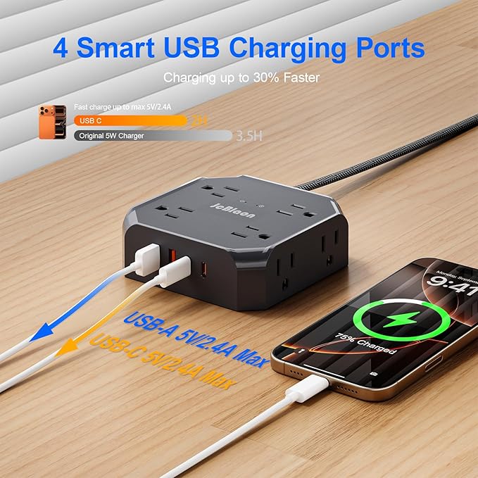 Power Strip Surge Protector - 8 Outlets with 4 USB (2 USB C) Charging Ports,JcBlaon Multi Ultra Thin Flat Plug Outlet Adapter with 5Ft Braided Extension Cord for Home, Office, Dorm,Travel Essentials