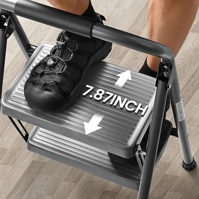 Step Stool for Adults,2 Step Ladder Folding 330lbs Anti Slip Step Stool,Foldable Ergonomic 2 Steel Stool with Wide Pedal for Home, Kitchen, Office (Gray)