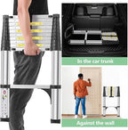 Telescoping Ladders 10.5 FT Aluminum Ladder - One-Button Retraction Collapsible Extension Ladder for Home,RV,Attic & Loft, Lasts 330 LBS with 2 Triangle Stabilizers and 2 Detachable Hooks