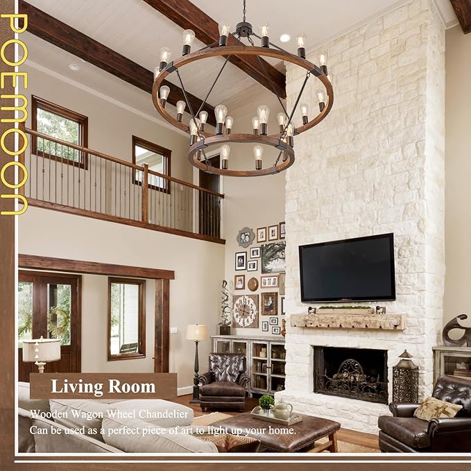 2 Tier Wooden Wagon Wheel Chandelier 43.3'' Farmhouse 24 Lights(16+8) Black Rustic Light Fixture 2-Story Round Wood Chandelier for High Ceiling Living Dining Room Foyer Villa