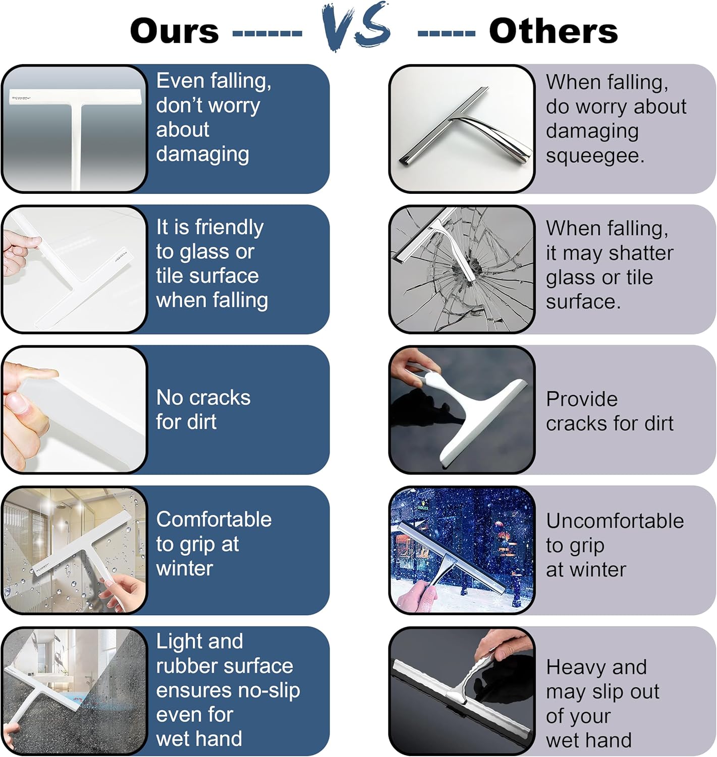 Shower Squeegee with Silicone Hook, 11" Inch Width All Purpose Squeegee Wiper for Shower Glass Doors Bathroom Mirror Tiles Car Window Cleaner Tool - White