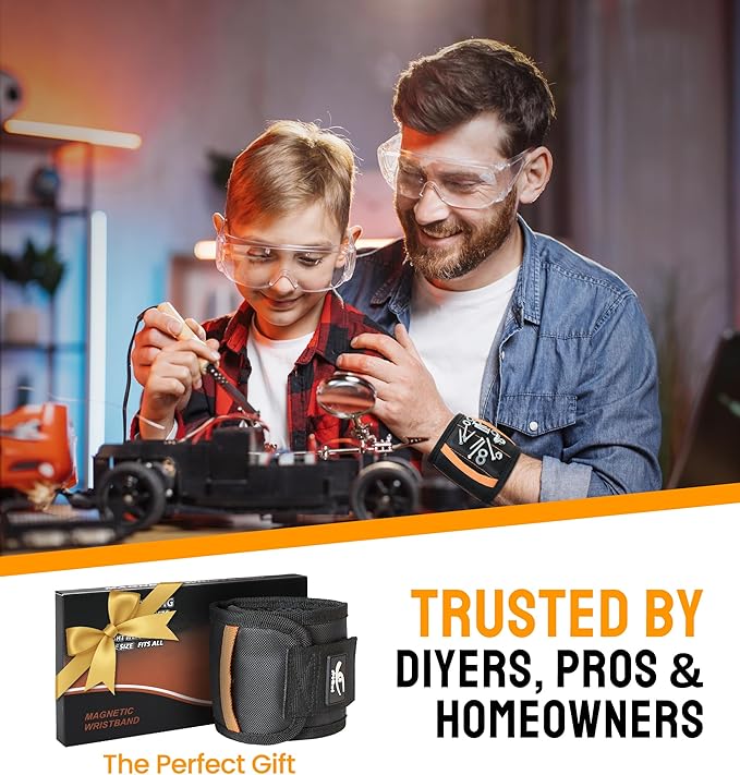 HiRui Magnetic Wristband for Tools – Ultra-Strong 15 Neodymium Magnets Hold Screws, Nails & Bits, Dual Pockets – Hands‑Free for DIY, Home Repairs, Auto – Gift‑Ready for Dad, Husband, Grandpa (Black)