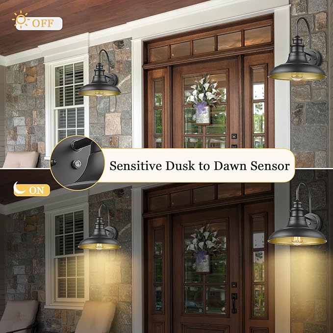 Dusk to Dawn Sensor Outdoor Barn Light Fixture, 12.3 Inch Dome Outdoor Wall Sconce Farmhouse Wall Mount Lights Exterior Gooseneck Light Fixture Black Finish Industrial Wall Lantern for Porch, 2Pack